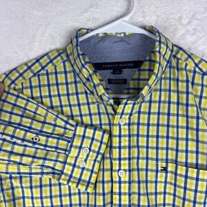 Tommy Hilfiger Custom Fit Dress Shirt Men Large Blue Yellow Check Button Down